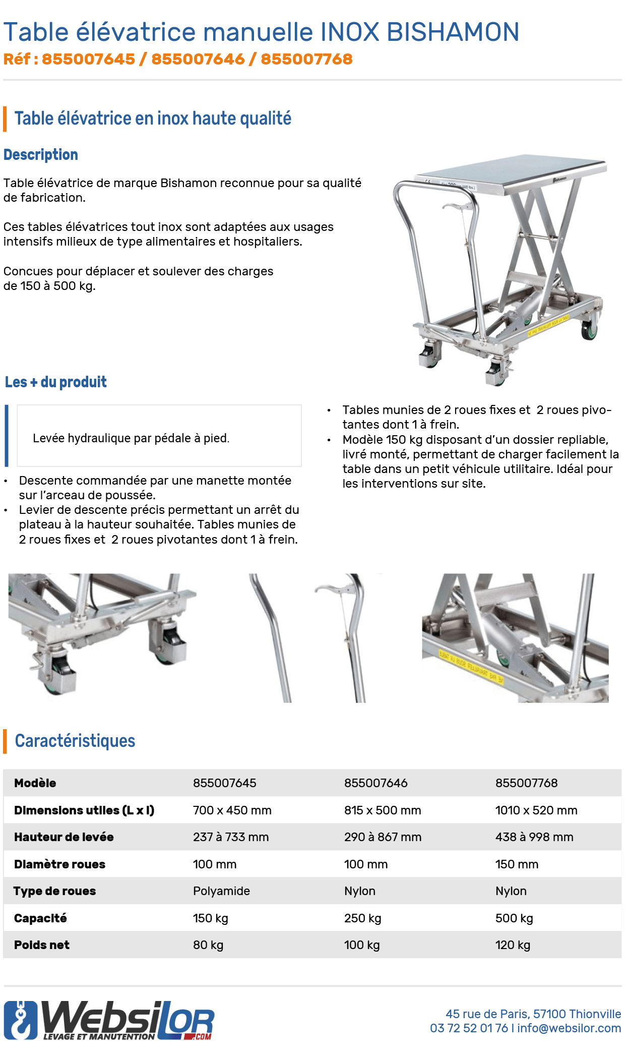 Informations techniques Table élévatrice manuelle INOX BISHAMON haute qualité 150 à 500 kg